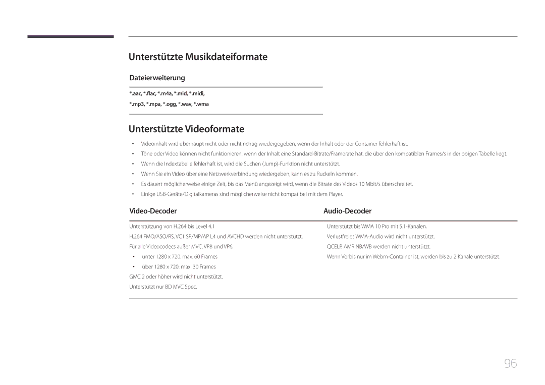 Samsung LH40RMDPLGU/EN manual Unterstützte Musikdateiformate, Unterstützte Videoformate, Dateierweiterung, Video-Decoder 