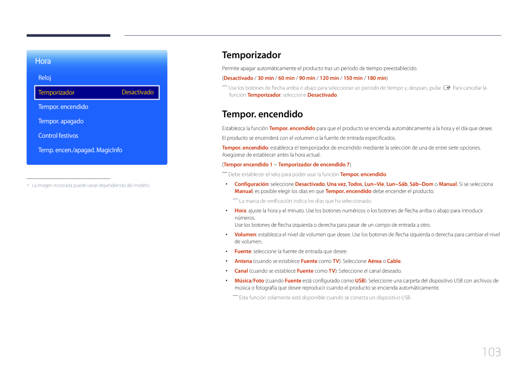 Samsung LH48RMDPLGU/EN, LH40RMDPLGU/EN manual 103, Tempor. encendido, Tempor encendido 1 ~ Temporizador de encendido 