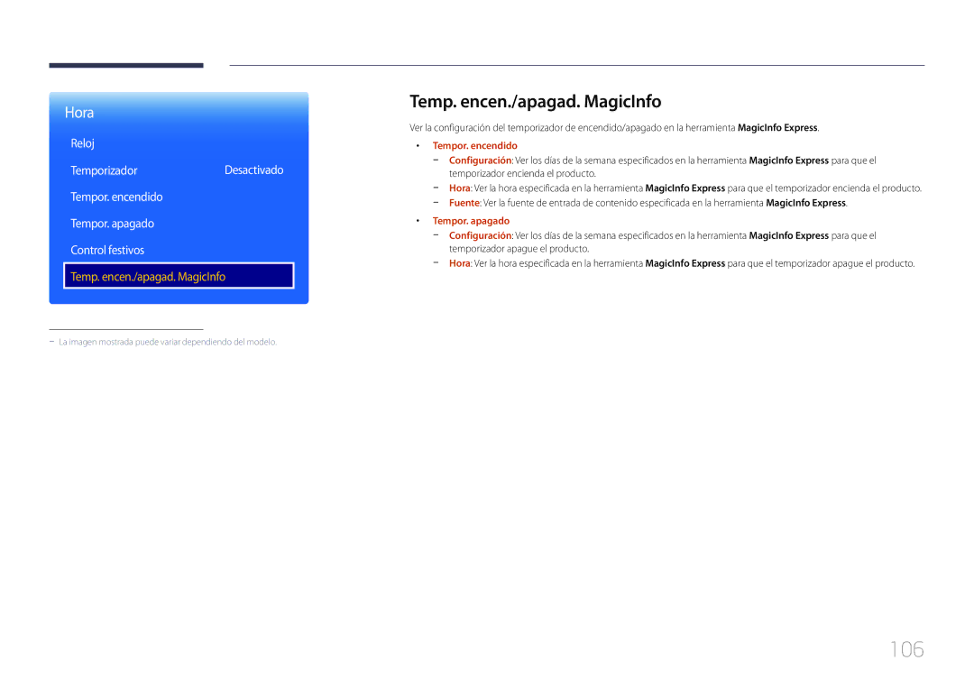 Samsung LH40RMDPLGU/EN, LH48RMDPLGU/EN manual 106, Temp. encen./apagad. MagicInfo, Tempor. encendido, Tempor. apagado 