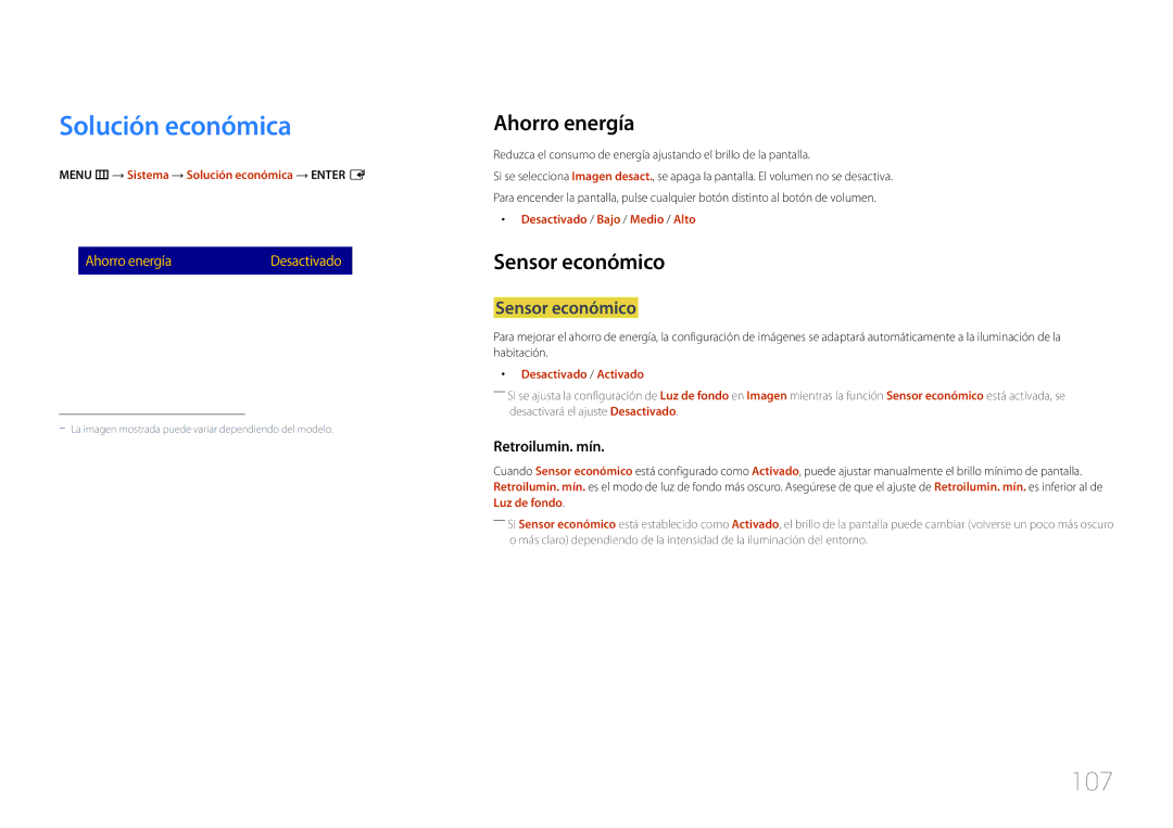 Samsung LH48RMDPLGU/EN, LH40RMDPLGU/EN manual Solución económica, 107, Ahorro energía, Sensor económico 