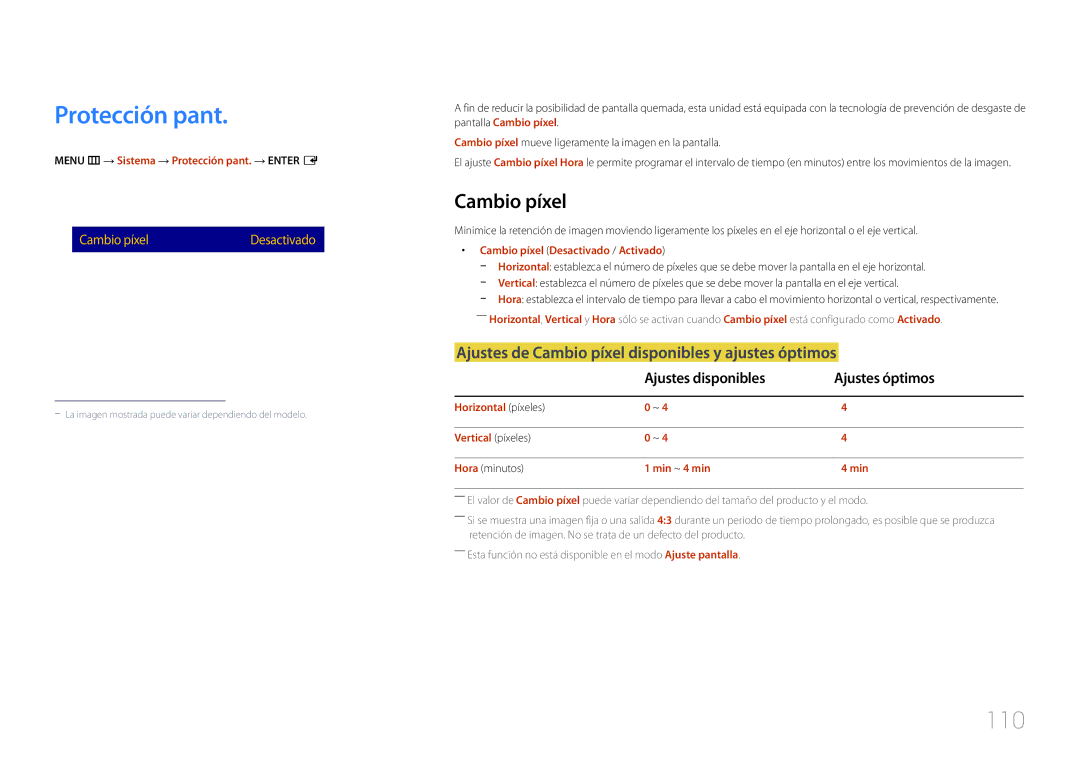 Samsung LH40RMDPLGU/EN, LH48RMDPLGU/EN Protección pant, 110, Ajustes de Cambio píxel disponibles y ajustes óptimos 