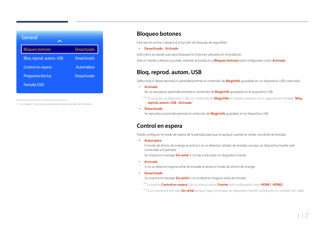 Samsung LH48RMDPLGU/EN, LH40RMDPLGU/EN manual 117, Bloqueo botones, Bloq. reprod. autom. USB, Control en espera 