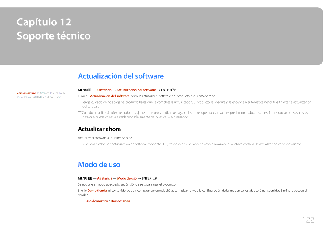 Samsung LH40RMDPLGU/EN, LH48RMDPLGU/EN Soporte técnico, Actualización del software, Modo de uso, 122, Actualizar ahora 