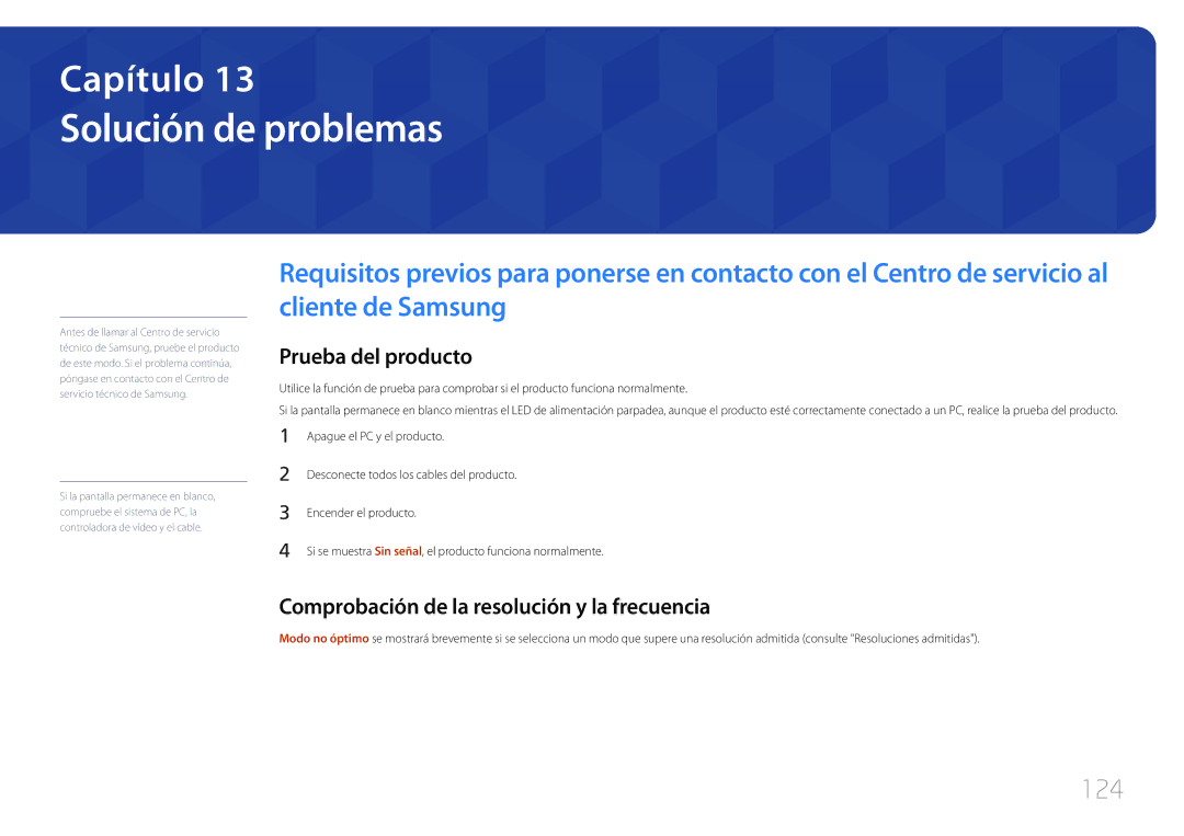 Samsung LH40RMDPLGU/EN Solución de problemas, 124, Prueba del producto, Comprobación de la resolución y la frecuencia 