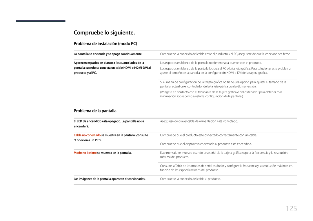 Samsung LH48RMDPLGU/EN manual 125, Compruebe lo siguiente, Problema de instalación modo PC, Problema de la pantalla 