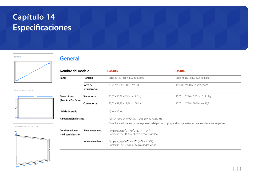 Samsung LH48RMDPLGU/EN, LH40RMDPLGU/EN manual Especificaciones, 133 