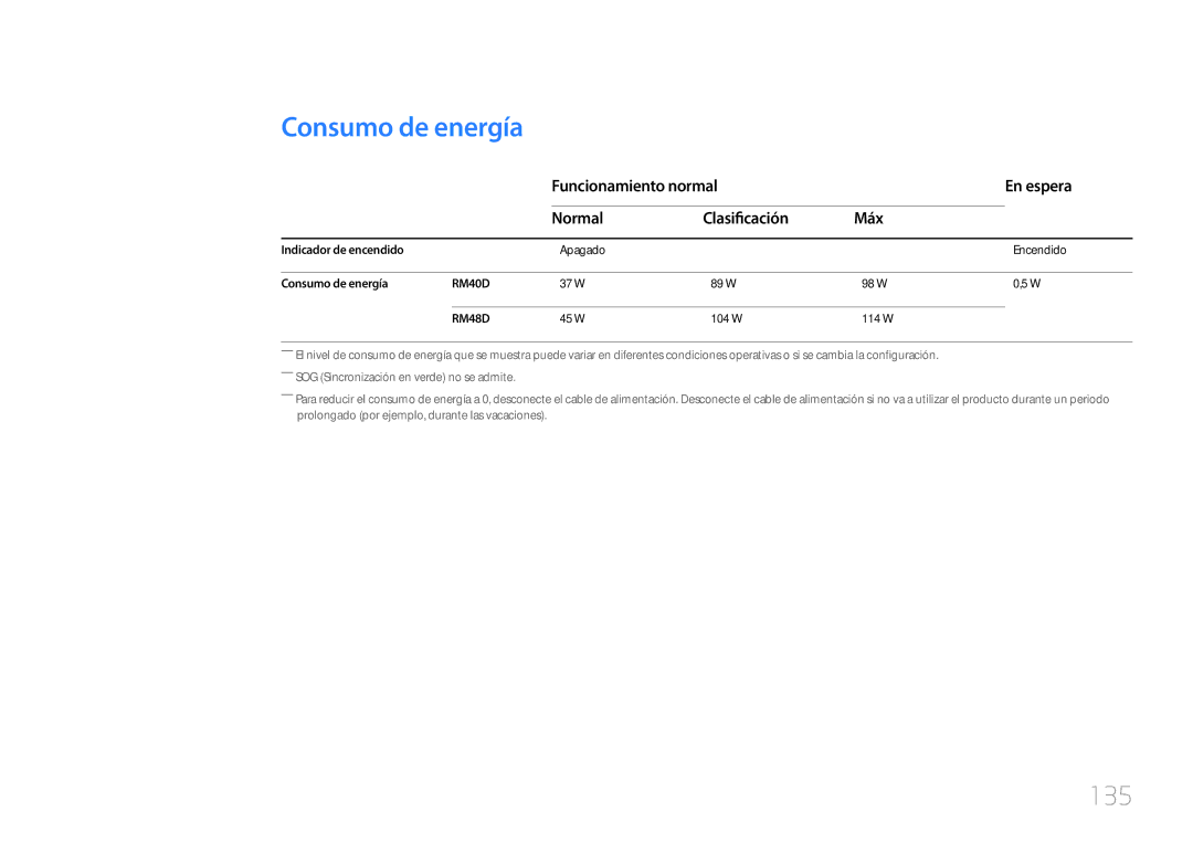 Samsung LH48RMDPLGU/EN, LH40RMDPLGU/EN Consumo de energía, 135, Funcionamiento normal En espera Normal Clasificación Máx 