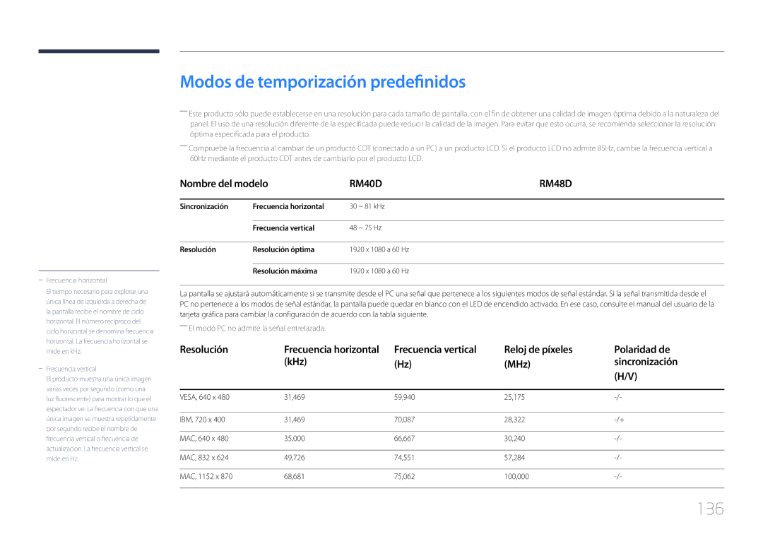 Samsung LH40RMDPLGU/EN Modos de temporización predefinidos, 136, Reloj de píxeles Polaridad de KHz MHz Sincronización 