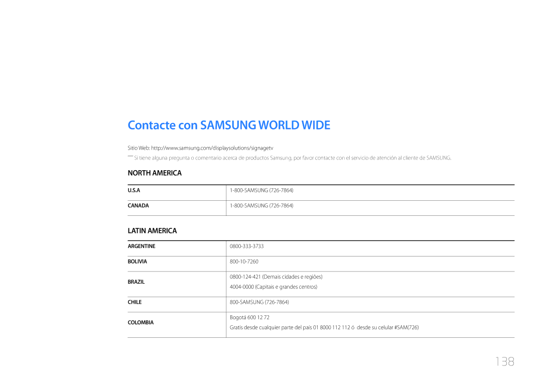 Samsung LH40RMDPLGU/EN, LH48RMDPLGU/EN manual Apéndice, Contacte con Samsung World Wide, 138 