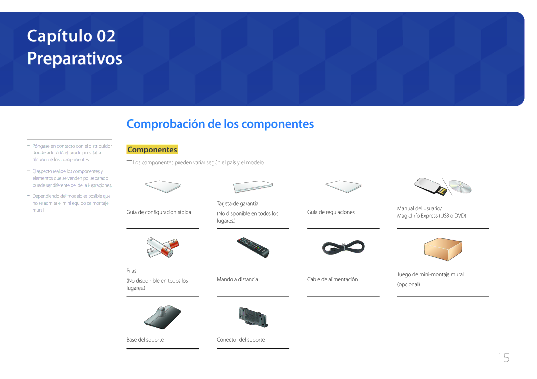 Samsung LH48RMDPLGU/EN, LH40RMDPLGU/EN manual Preparativos, Comprobación de los componentes, Componentes 