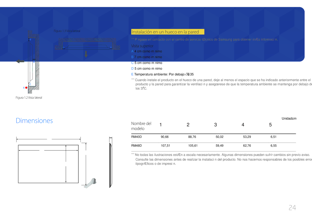 Samsung LH40RMDPLGU/EN, LH48RMDPLGU/EN Dimensiones, Instalación en un hueco en la pared, Vista superior, Nombre del Modelo 