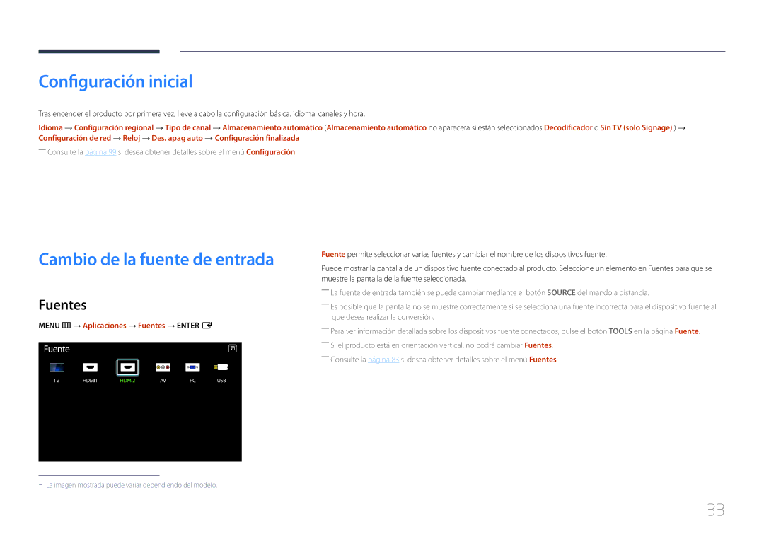 Samsung LH48RMDPLGU/EN, LH40RMDPLGU/EN manual Configuración inicial, Cambio de la fuente de entrada, Fuentes 