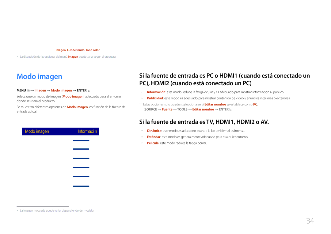 Samsung LH40RMDPLGU/EN manual Ajuste de pantalla, Modo imagen, Si la fuente de entrada es TV, HDMI1, HDMI2 o AV, Imagen 