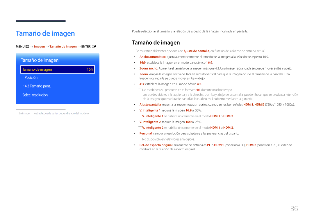 Samsung LH40RMDPLGU/EN, LH48RMDPLGU/EN manual Menu m → Imagen → Tamaño de imagen → Enter E 