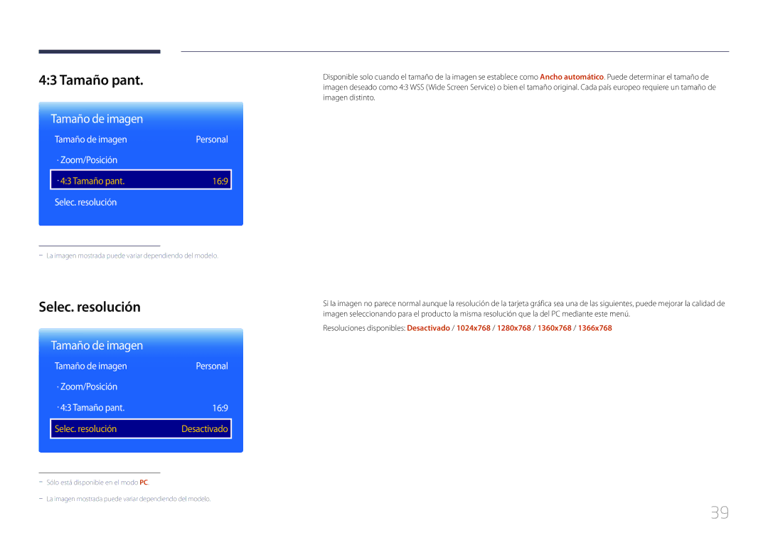Samsung LH48RMDPLGU/EN, LH40RMDPLGU/EN manual Tamaño pant, Selec. resolución 