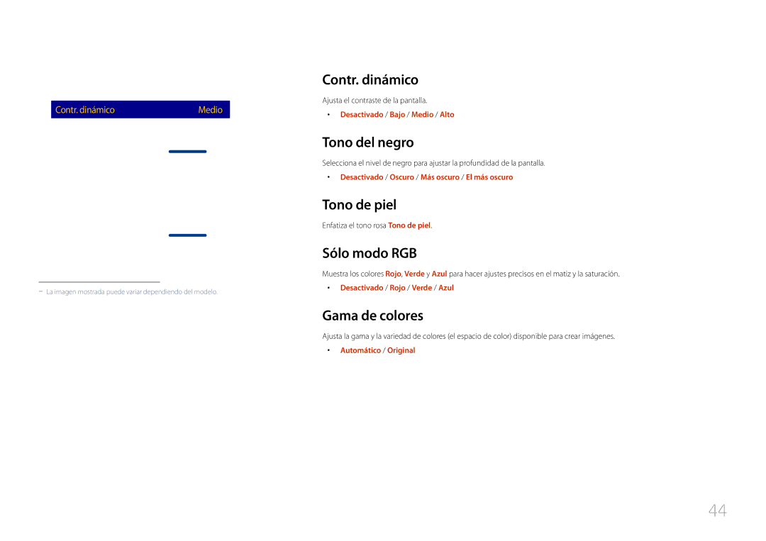 Samsung LH40RMDPLGU/EN, LH48RMDPLGU/EN manual Contr. dinámico, Tono del negro, Tono de piel, Sólo modo RGB, Gama de colores 