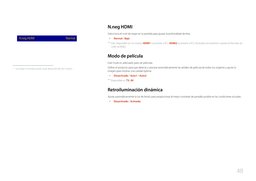 Samsung LH40RMDPLGU/EN, LH48RMDPLGU/EN manual Neg Hdmi, Modo de película, Retroiluminación dinámica, Normal / Bajo 