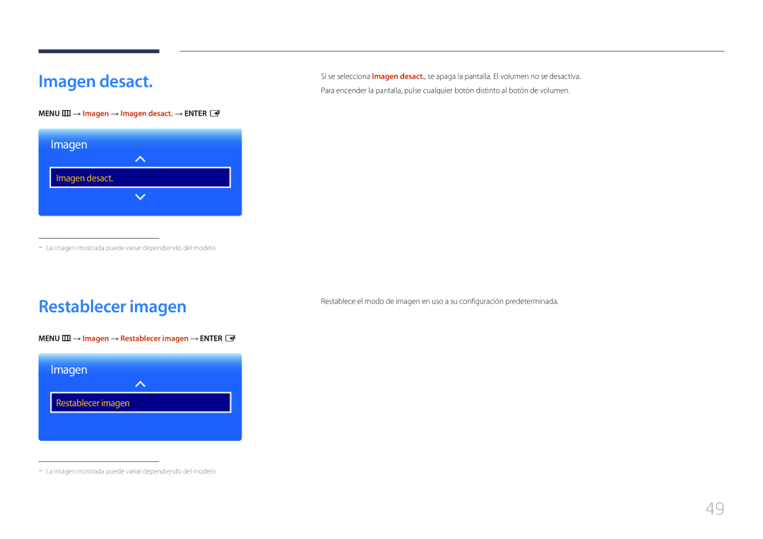 Samsung LH48RMDPLGU/EN, LH40RMDPLGU/EN manual Restablecer imagen, Menu m → Imagen → Imagen desact. → Enter E 