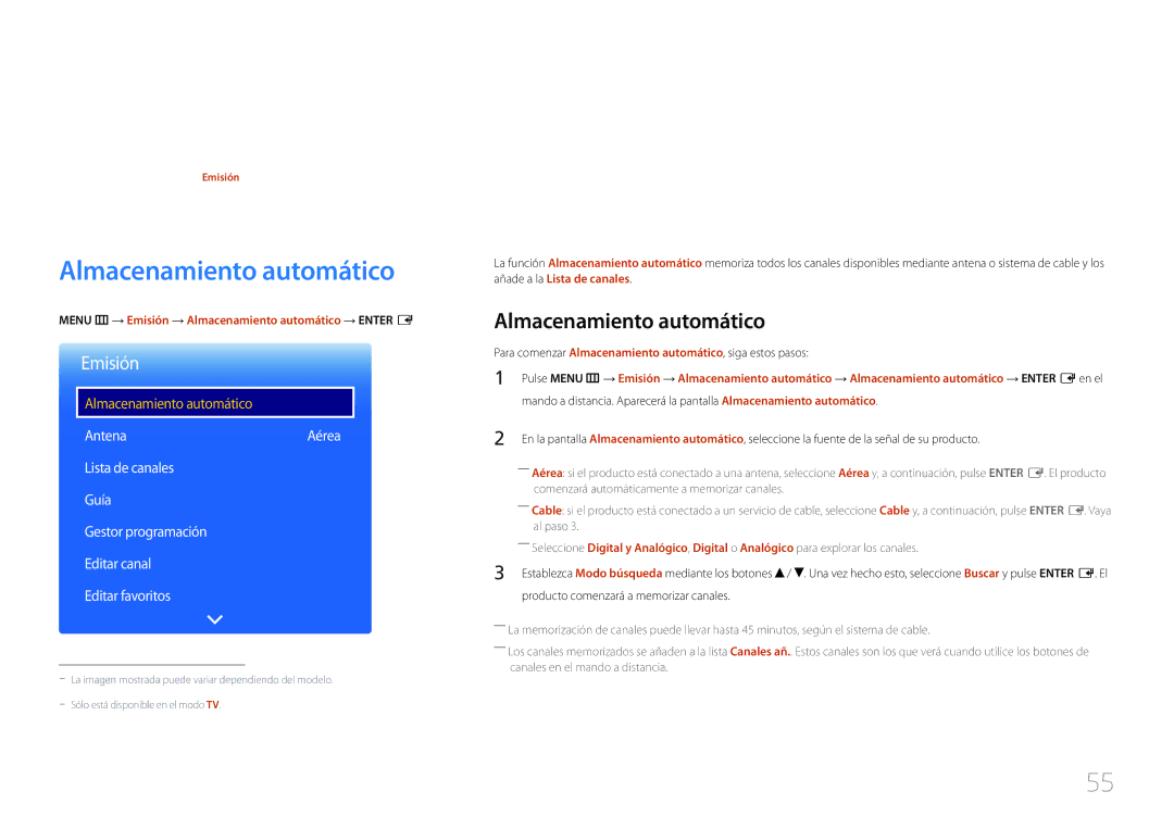 Samsung LH48RMDPLGU/EN, LH40RMDPLGU/EN manual Menu m → Emisión → Almacenamiento automático → Enter E 