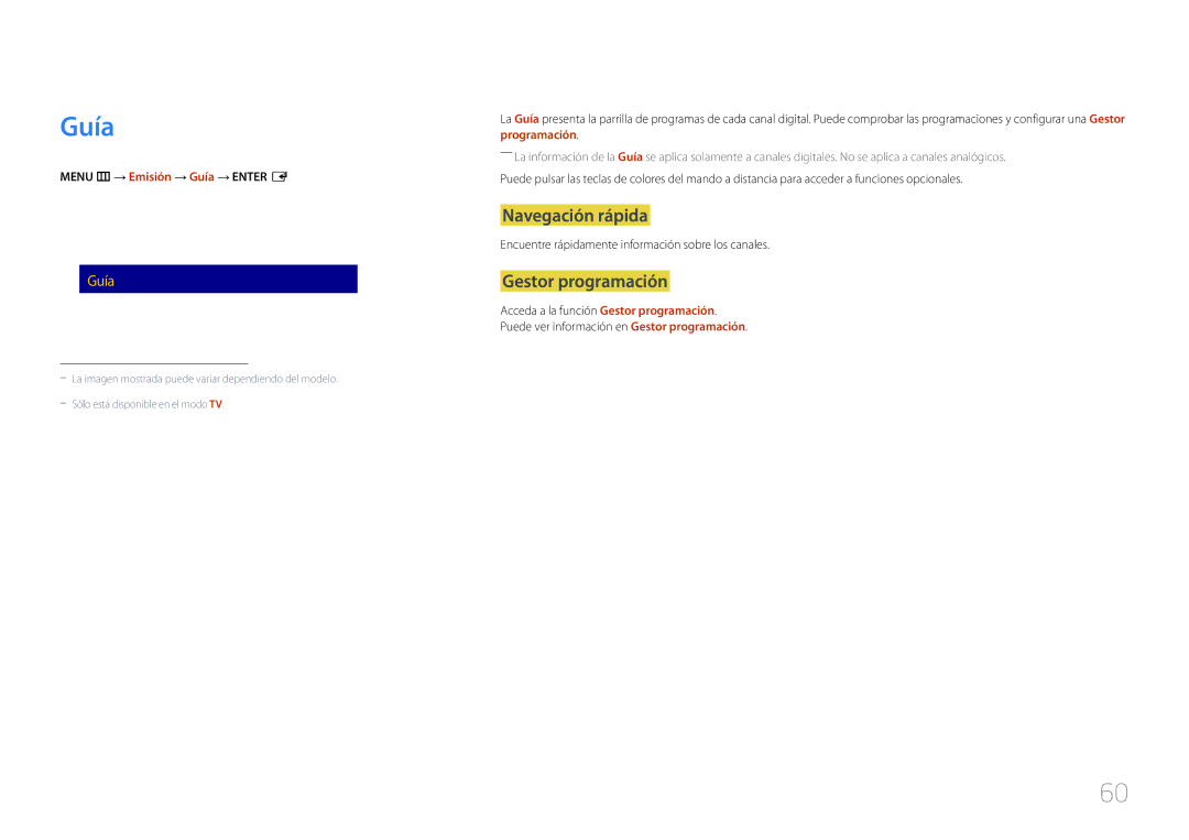 Samsung LH40RMDPLGU/EN, LH48RMDPLGU/EN manual Navegación rápida, Gestor programación, Menu m → Emisión → Guía → Enter E 