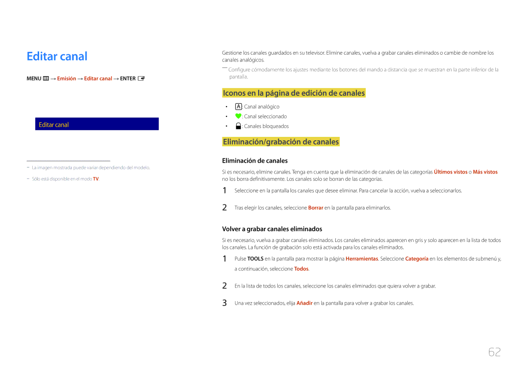 Samsung LH40RMDPLGU/EN manual Editar canal, Iconos en la página de edición de canales, Eliminación/grabación de canales 