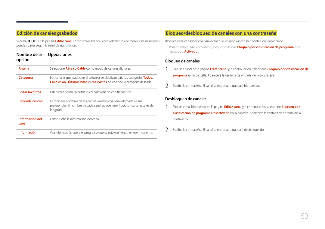 Samsung LH48RMDPLGU/EN Edición de canales grabados, Bloqueo/desbloqueo de canales con una contraseña, Bloqueo de canales 