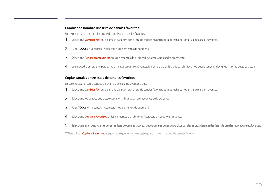 Samsung LH40RMDPLGU/EN Cambiar de nombre una lista de canales favoritos, Copiar canales entre listas de canales favoritos 
