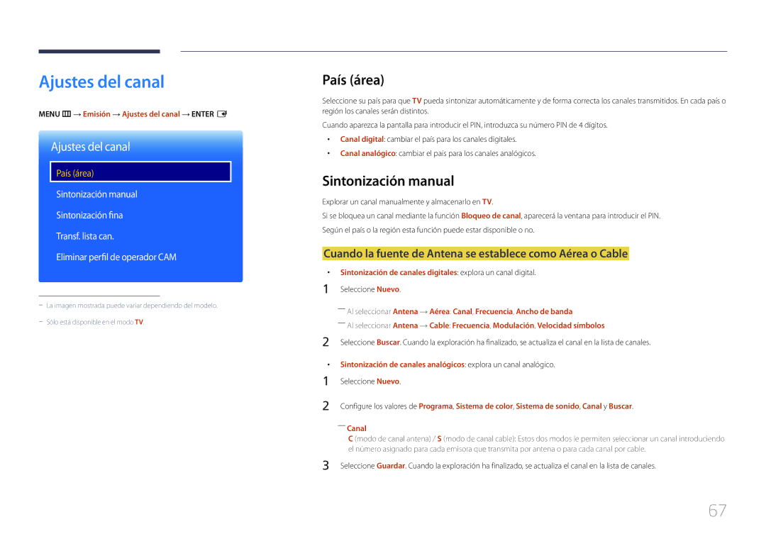 Samsung LH48RMDPLGU/EN, LH40RMDPLGU/EN Ajustes del canal, País área, Sintonización manual 