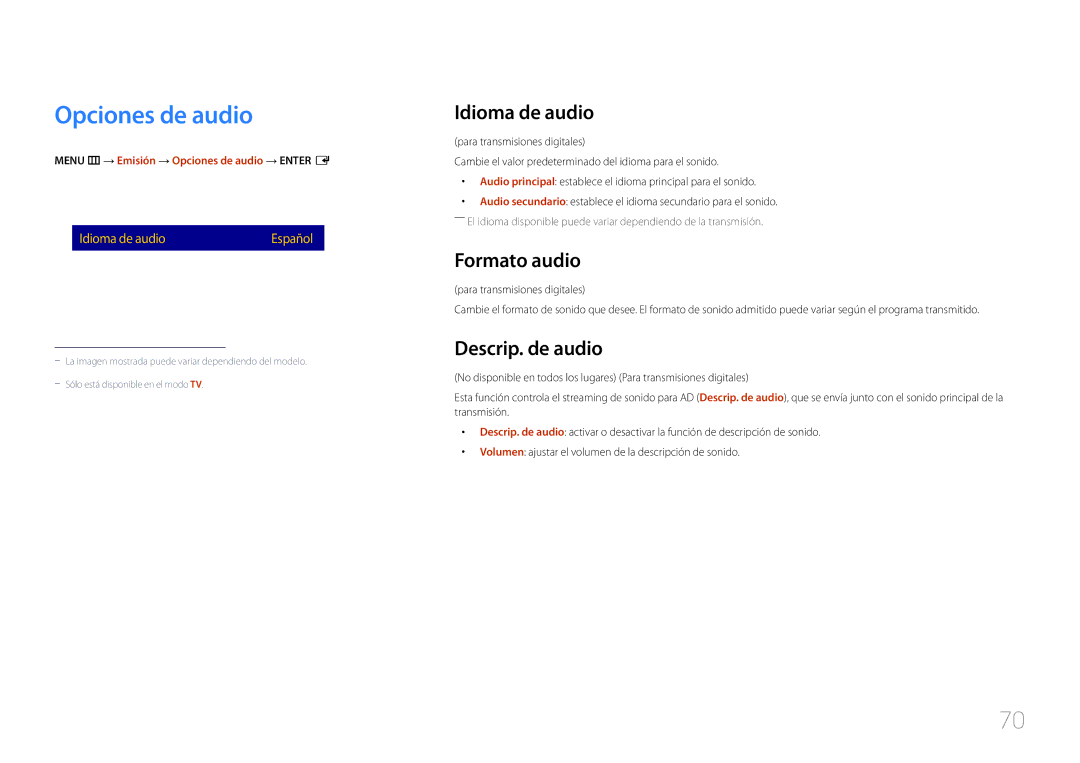 Samsung LH40RMDPLGU/EN, LH48RMDPLGU/EN manual Opciones de audio, Idioma de audio, Formato audio, Descrip. de audio 