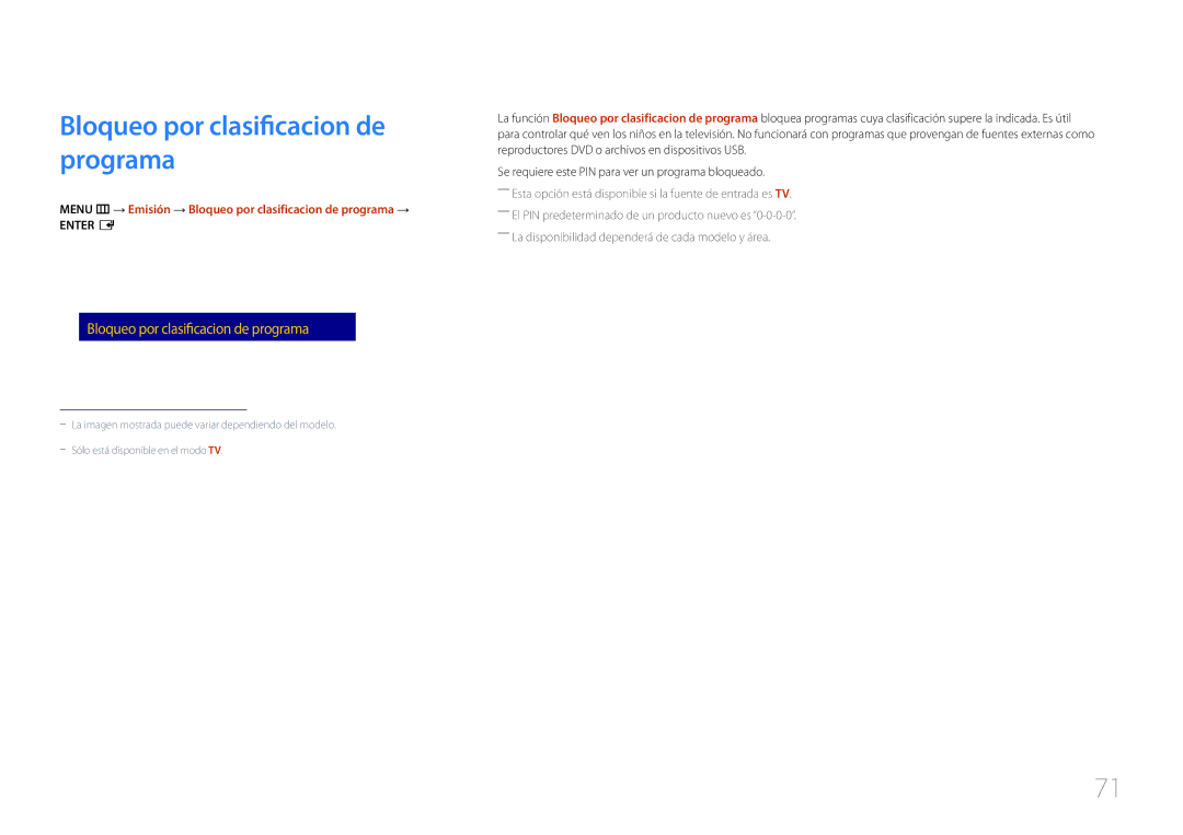 Samsung LH48RMDPLGU/EN, LH40RMDPLGU/EN manual Menu m → Emisión → Bloqueo por clasificacion de programa → 
