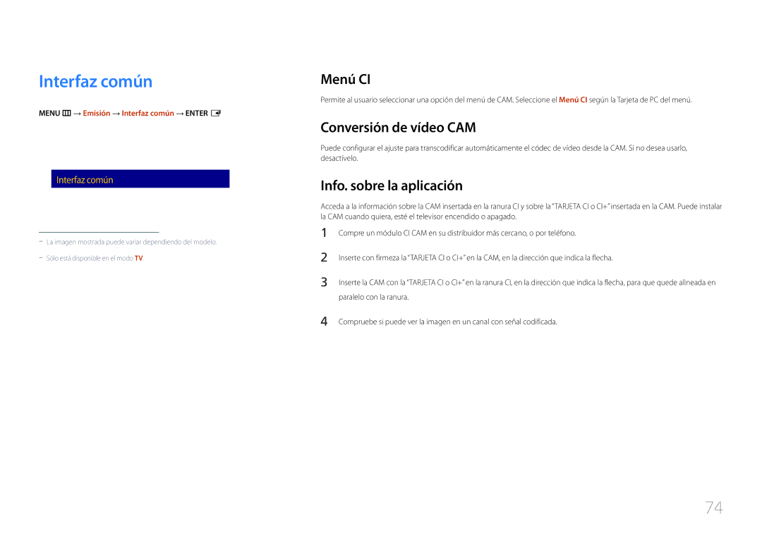 Samsung LH40RMDPLGU/EN, LH48RMDPLGU/EN manual Interfaz común, Menú CI, Conversión de vídeo CAM, Info. sobre la aplicación 