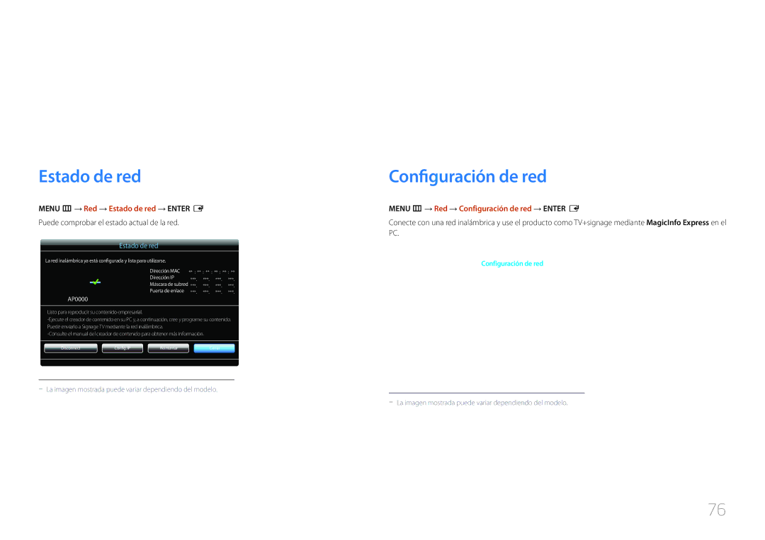 Samsung LH40RMDPLGU/EN, LH48RMDPLGU/EN manual Configuración de red, Menu m → Red → Estado de red → Enter E 