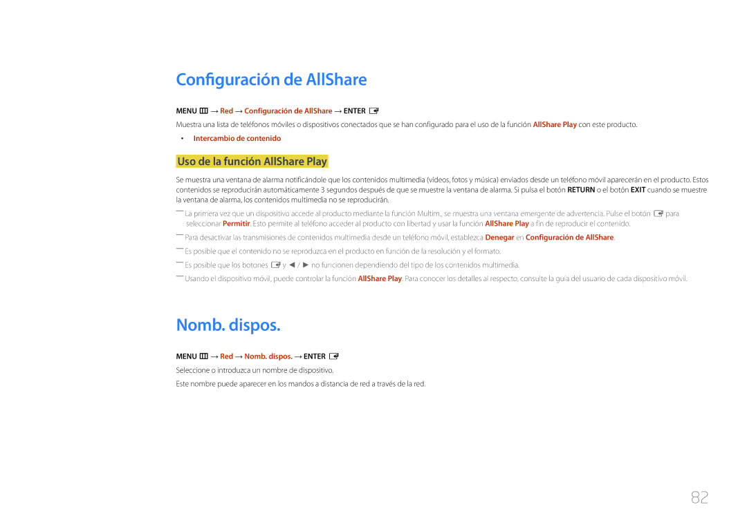 Samsung LH40RMDPLGU/EN, LH48RMDPLGU/EN manual Configuración de AllShare, Nomb. dispos, Uso de la función AllShare Play 