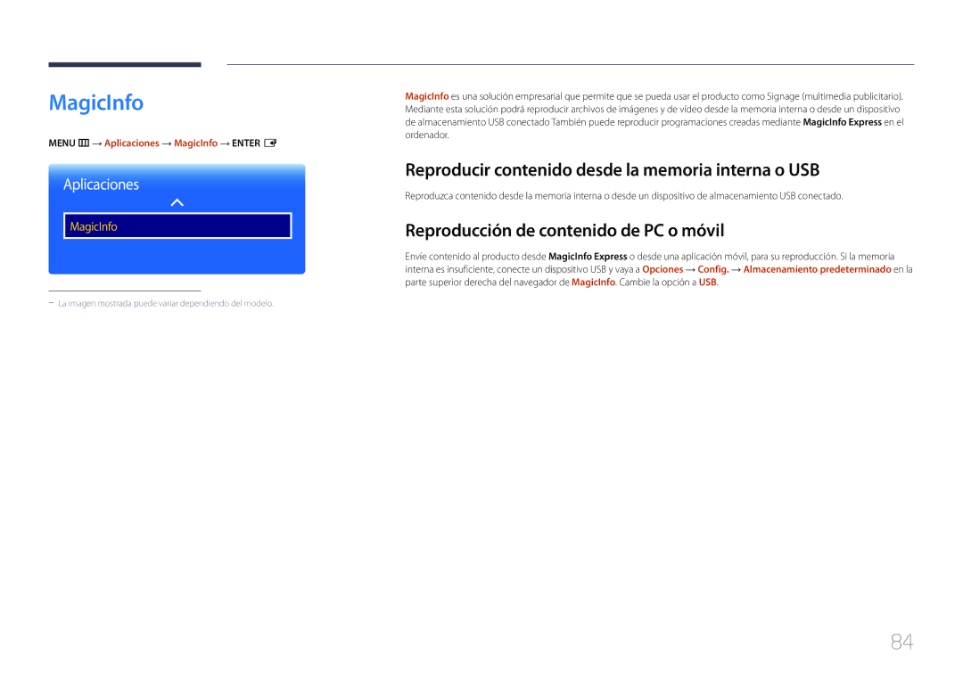 Samsung LH40RMDPLGU/EN, LH48RMDPLGU/EN manual MagicInfo, Reproducir contenido desde la memoria interna o USB, Aplicaciones 