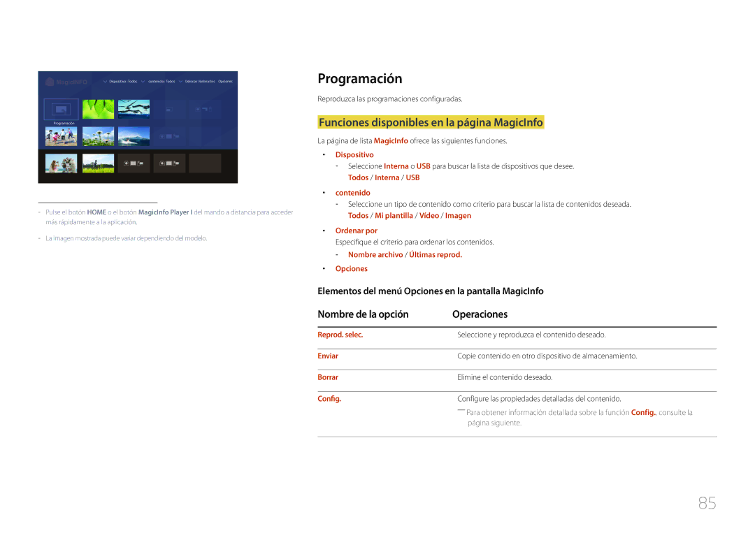 Samsung LH48RMDPLGU/EN manual Programación, Funciones disponibles en la página MagicInfo, Nombre de la opción Operaciones 