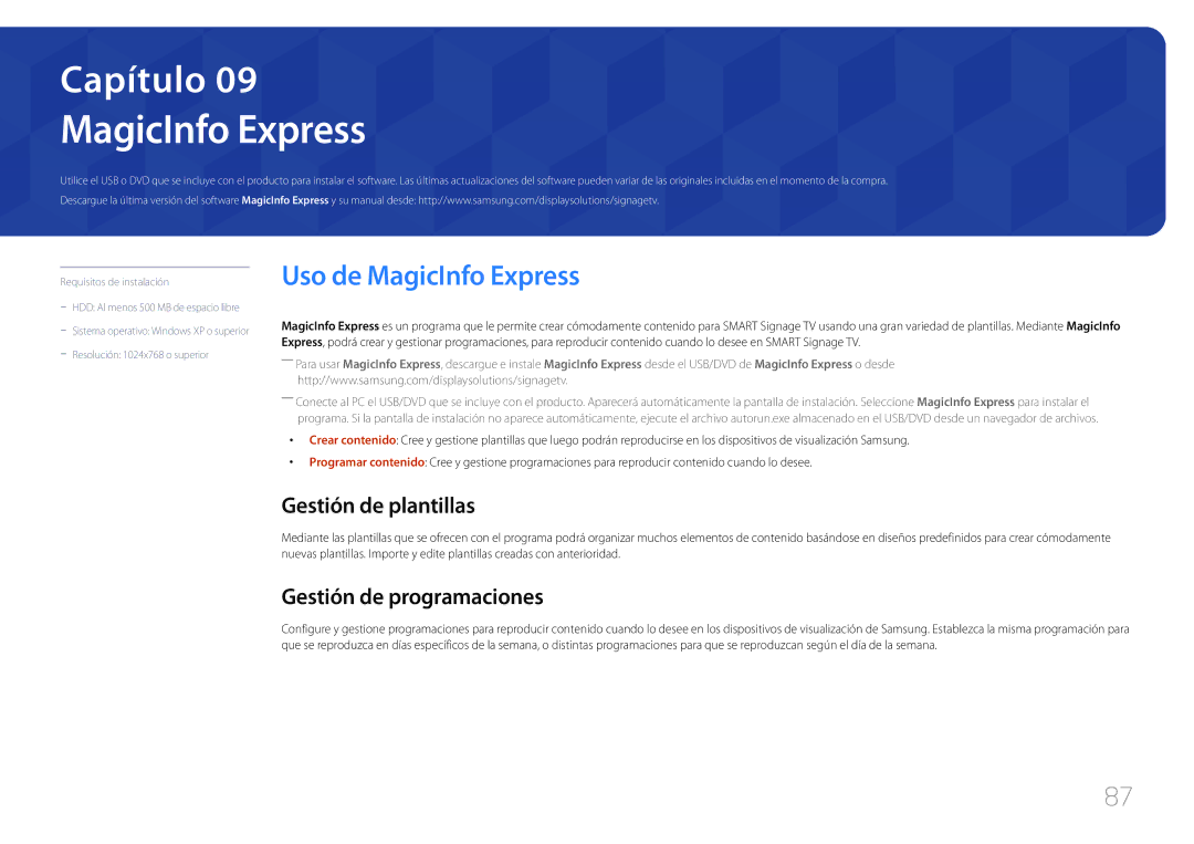 Samsung LH48RMDPLGU/EN, LH40RMDPLGU/EN manual Uso de MagicInfo Express, Gestión de plantillas, Gestión de programaciones 