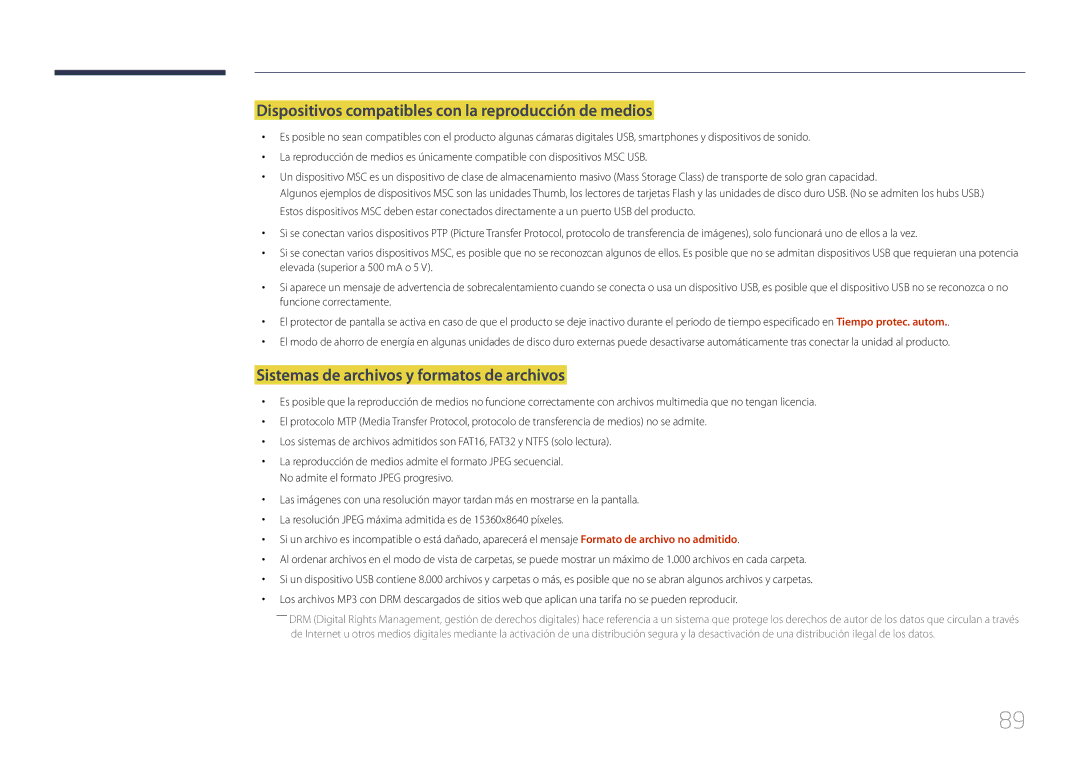 Samsung LH48RMDPLGU/EN Dispositivos compatibles con la reproducción de medios, Sistemas de archivos y formatos de archivos 