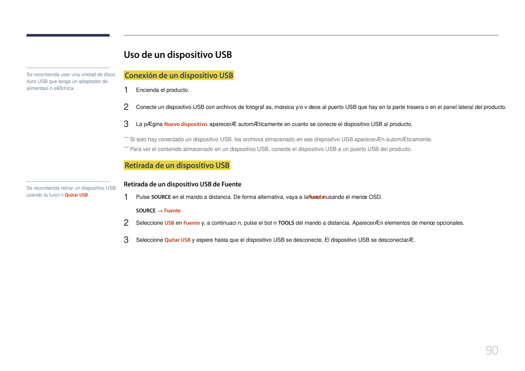 Samsung LH40RMDPLGU/EN manual Uso de un dispositivo USB, Conexión de un dispositivo USB, Retirada de un dispositivo USB 