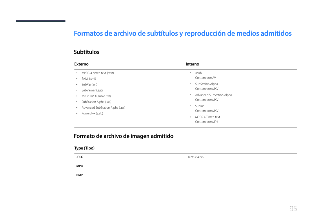 Samsung LH48RMDPLGU/EN Formato de archivo de imagen admitido, Externo, Type Tipo, Advanced SubStation Alpha Contenedor MKV 