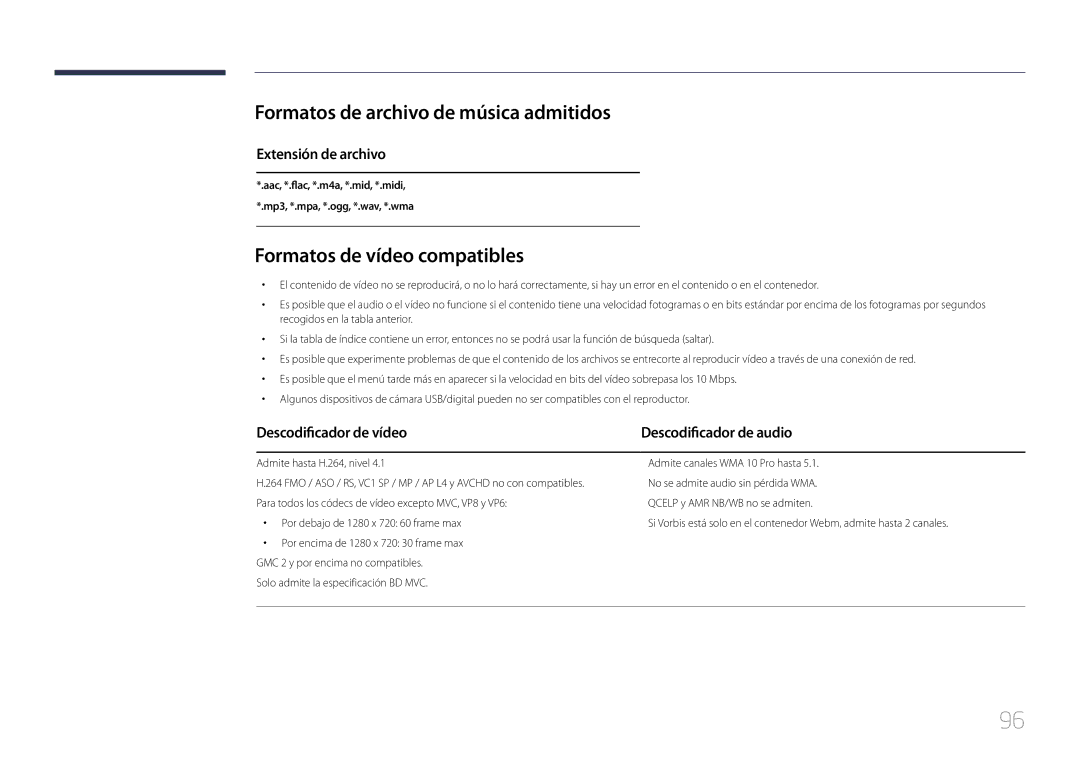 Samsung LH40RMDPLGU/EN manual Formatos de archivo de música admitidos, Formatos de vídeo compatibles, Extensión de archivo 