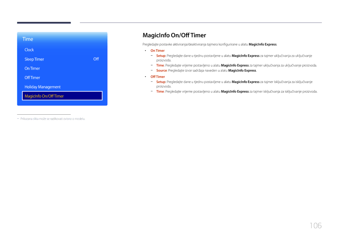 Samsung LH40RMDPLGU/EN, LH48RMDPLGU/EN manual 106, MagicInfo On/Off Timer, On Timer 