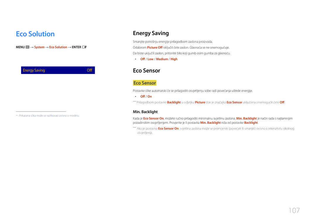 Samsung LH48RMDPLGU/EN, LH40RMDPLGU/EN manual Eco Solution, 107, Energy Saving, Eco Sensor 