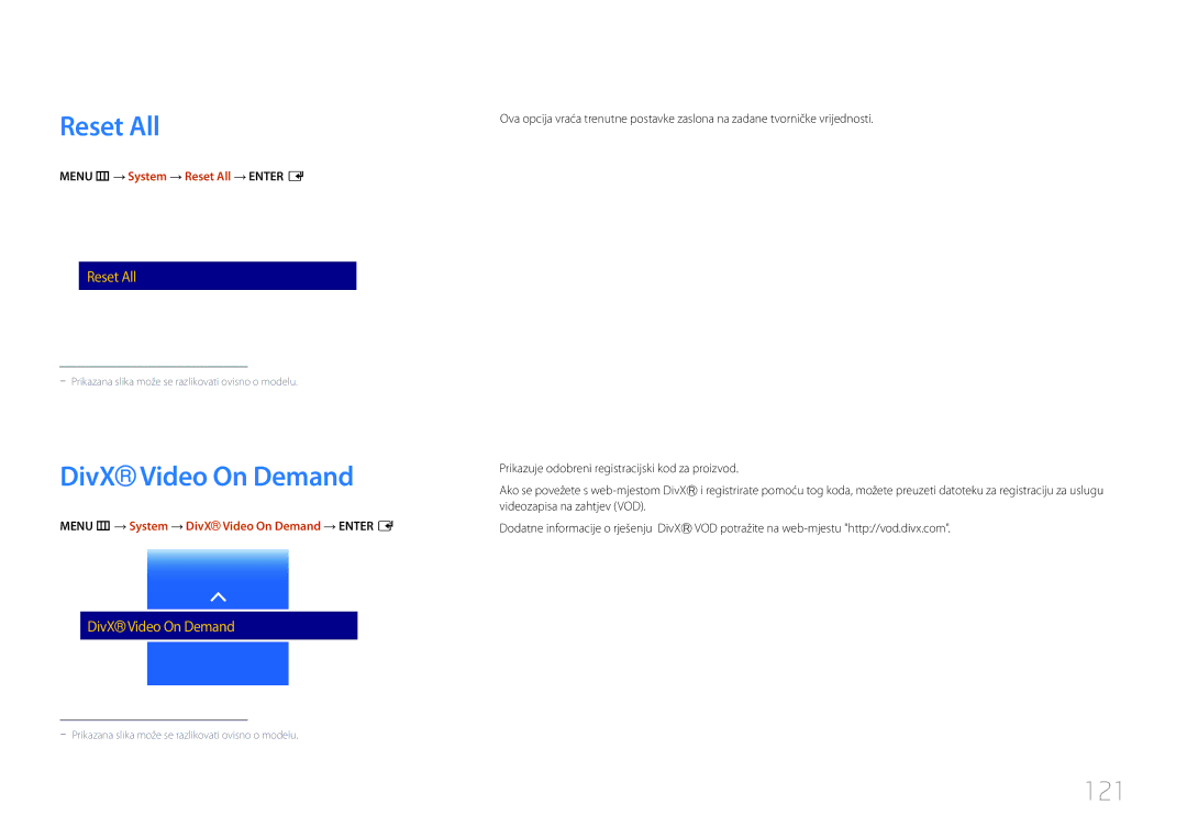 Samsung LH48RMDPLGU/EN, LH40RMDPLGU/EN manual DivX Video On Demand, 121, Menu m → System → Reset All → Enter E 