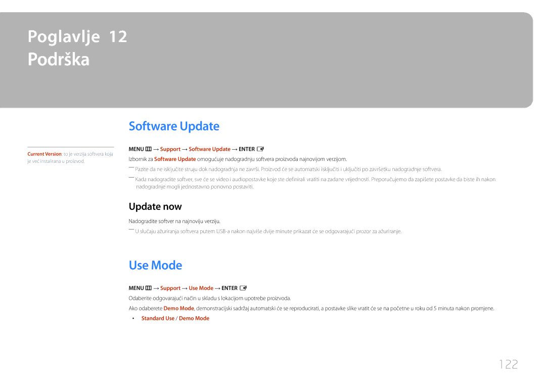Samsung LH40RMDPLGU/EN, LH48RMDPLGU/EN manual Podrška, Software Update, Use Mode, 122, Update now 