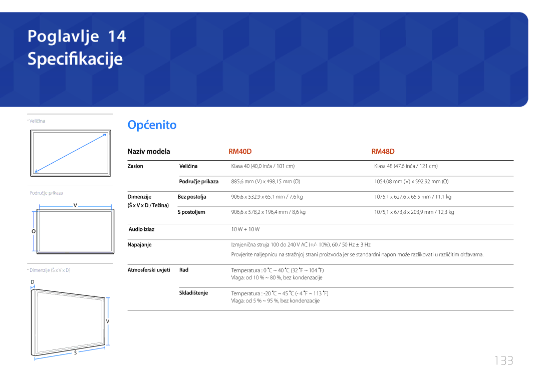 Samsung LH48RMDPLGU/EN, LH40RMDPLGU/EN manual Specifikacije, Općenito, 133 