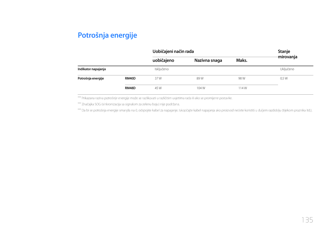 Samsung LH48RMDPLGU/EN, LH40RMDPLGU/EN manual Potrošnja energije, 135, Stanje, Mirovanja, Uobičajeno Nazivna snaga Maks 