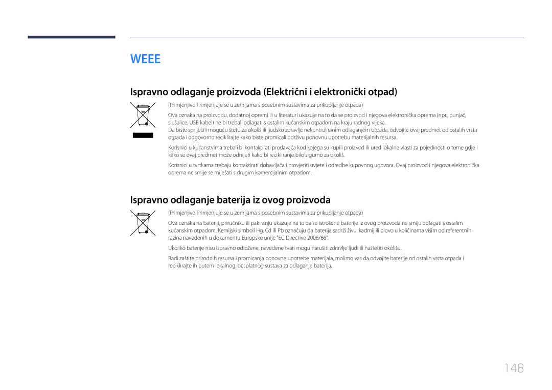 Samsung LH40RMDPLGU/EN, LH48RMDPLGU/EN manual 148, Ispravno odlaganje baterija iz ovog proizvoda 