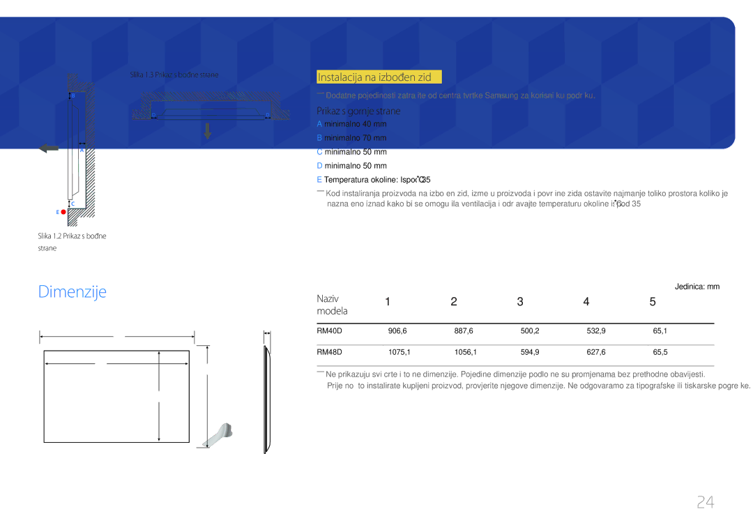 Samsung LH40RMDPLGU/EN manual Dimenzije, Instalacija na izbočen zid, Prikaz s gornje strane, Naziv Modela, Jedinica mm 