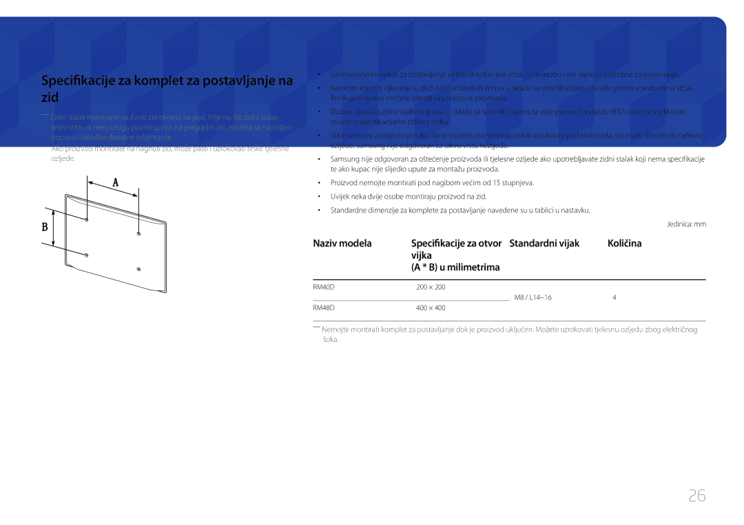 Samsung LH40RMDPLGU/EN, LH48RMDPLGU/EN manual Specifikacije za komplet za postavljanje na zid, Vijka U milimetrima, Količina 