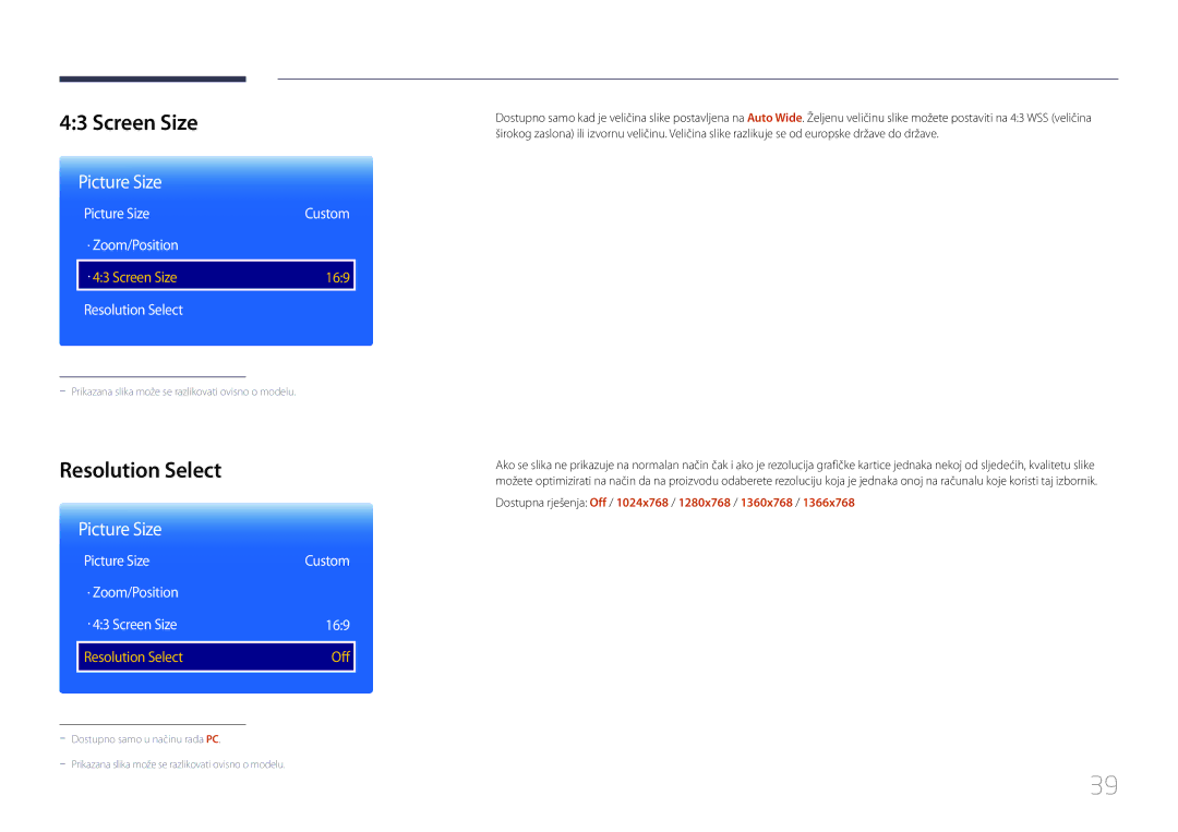 Samsung LH48RMDPLGU/EN manual Screen Size, Resolution Select, Dostupna rješenja Off / 1024x768 / 1280x768 / 1360x768 